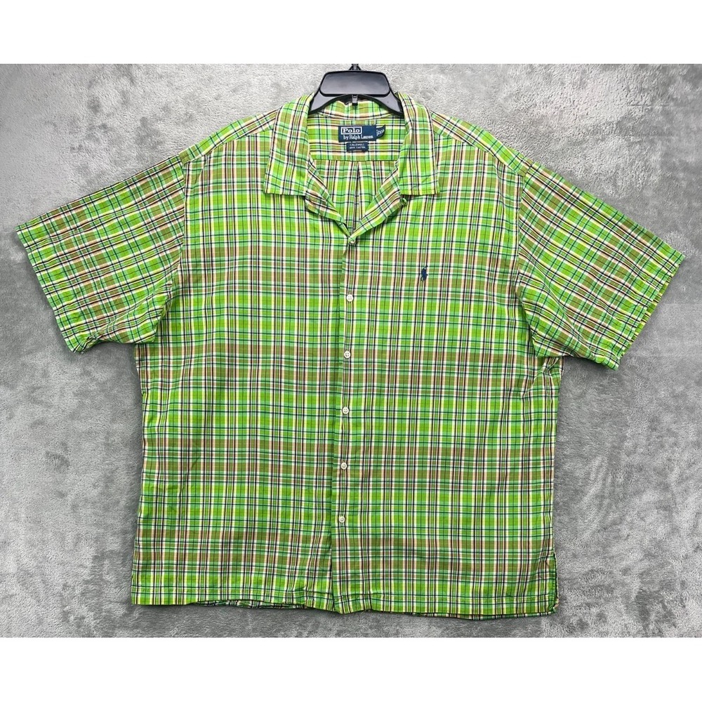 VTG Polo Ralph Lauren Caldwell Shirt XXL Green Plaid‎ Short Sleeve Loop Collar